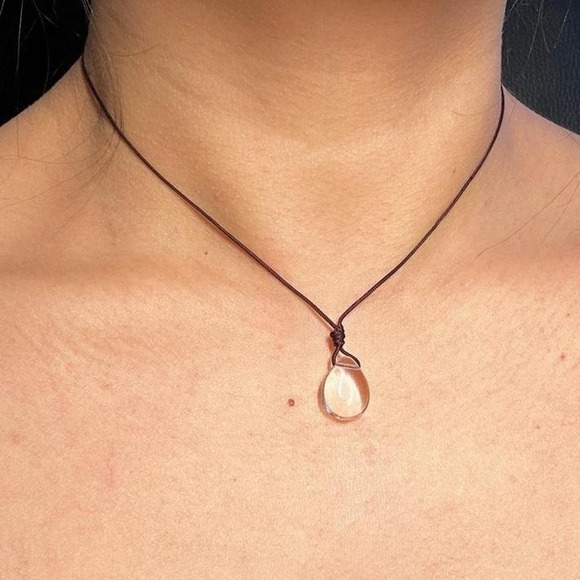 Jewelry - Handmade Clear Czech Glass Drop Necklace Boho Adjustable Cord Dainty Layering
